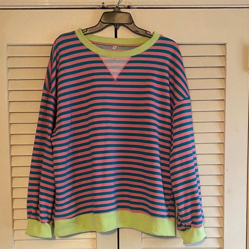 Striped Pink and Blue Sweatshirt with Green Trim